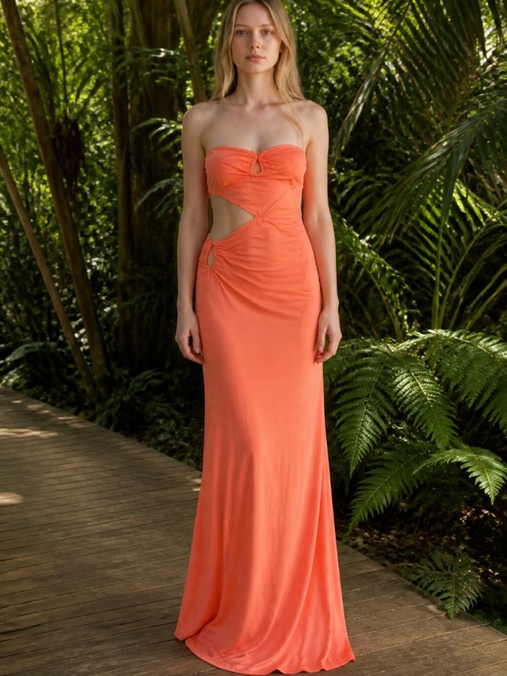 Strapless Cutout Maxi Dress in Sunset Coral